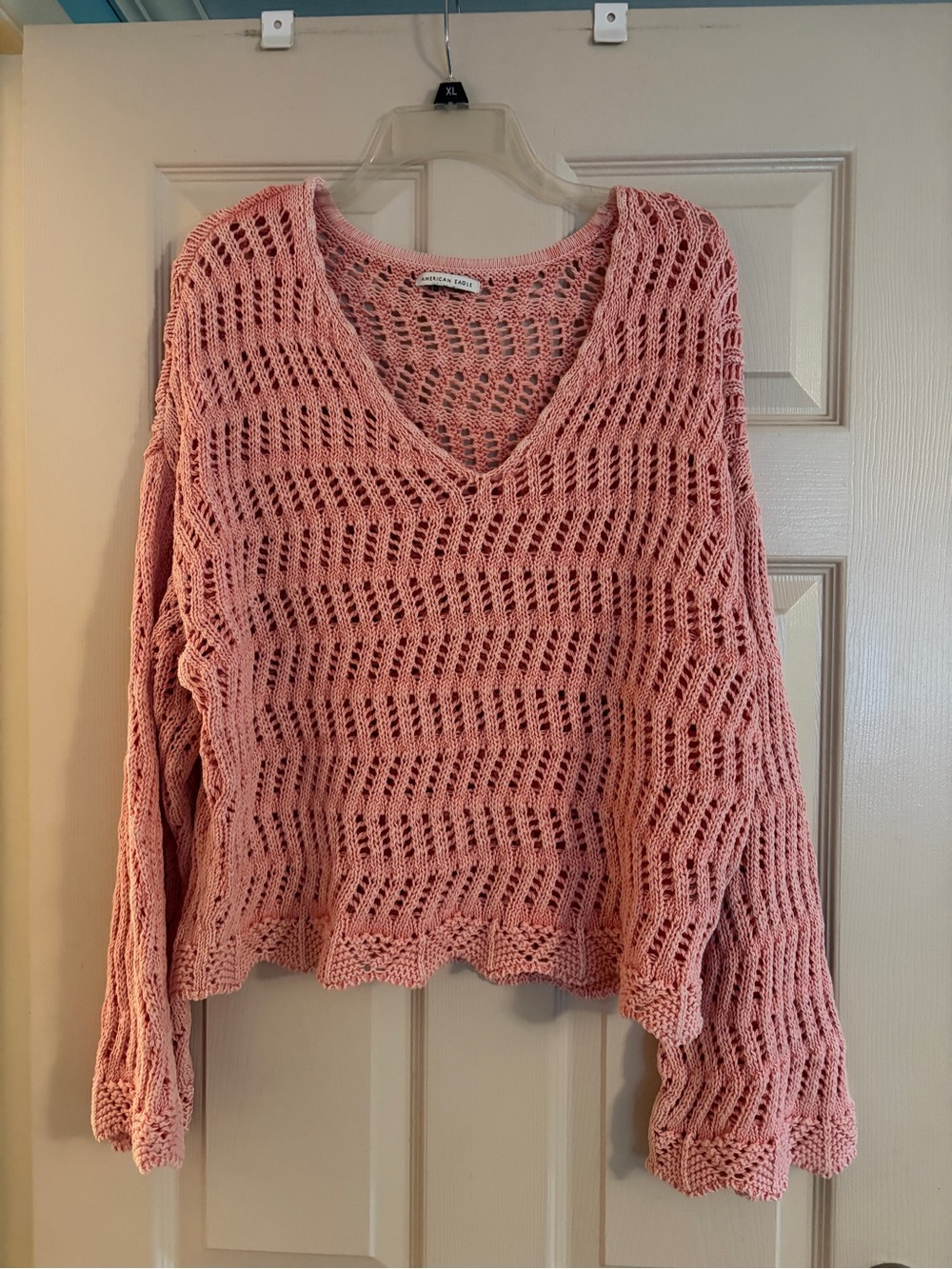 American Eagle Outfitters Pink Open-Weave V-Neck Sweater